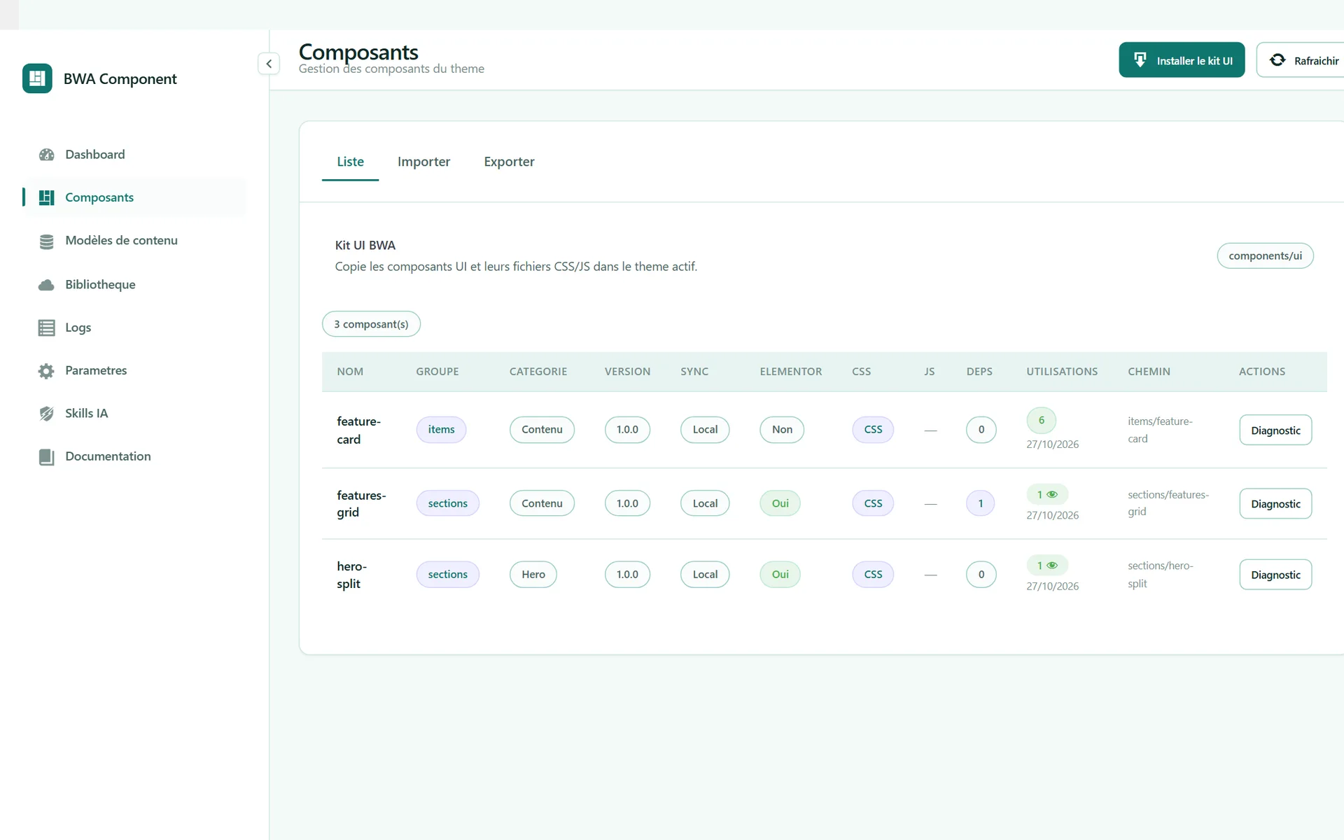 La liste des composants dans l’administration du plugin