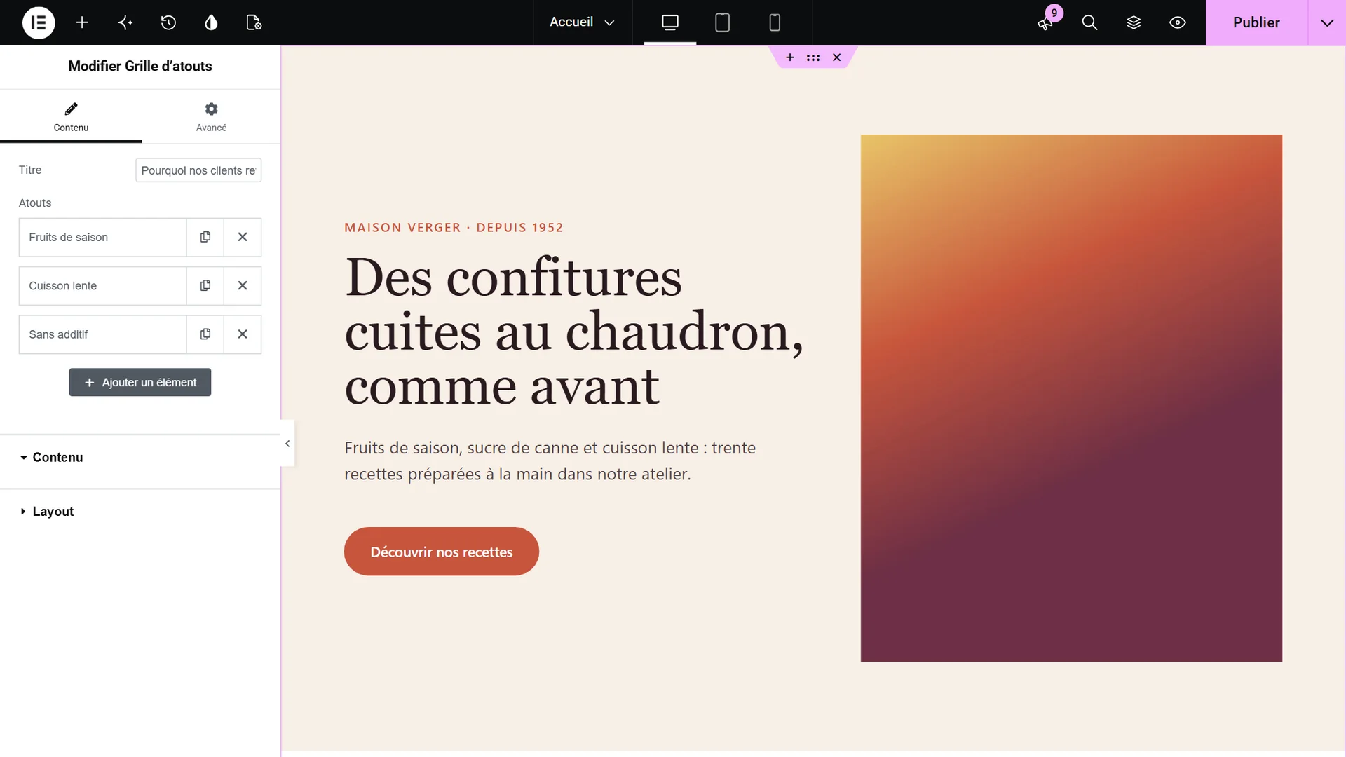 Le widget « Grille d’atouts » dans Elementor, avec son répéteur