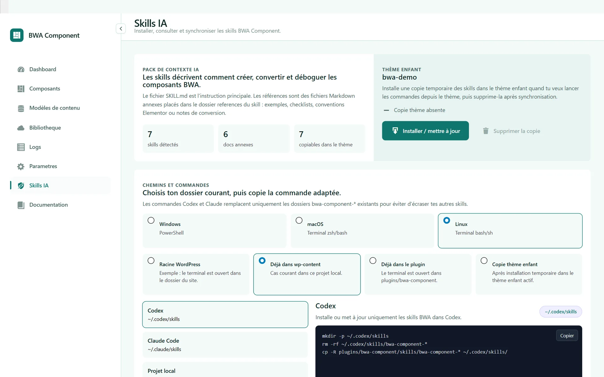 La page Skills IA du plugin