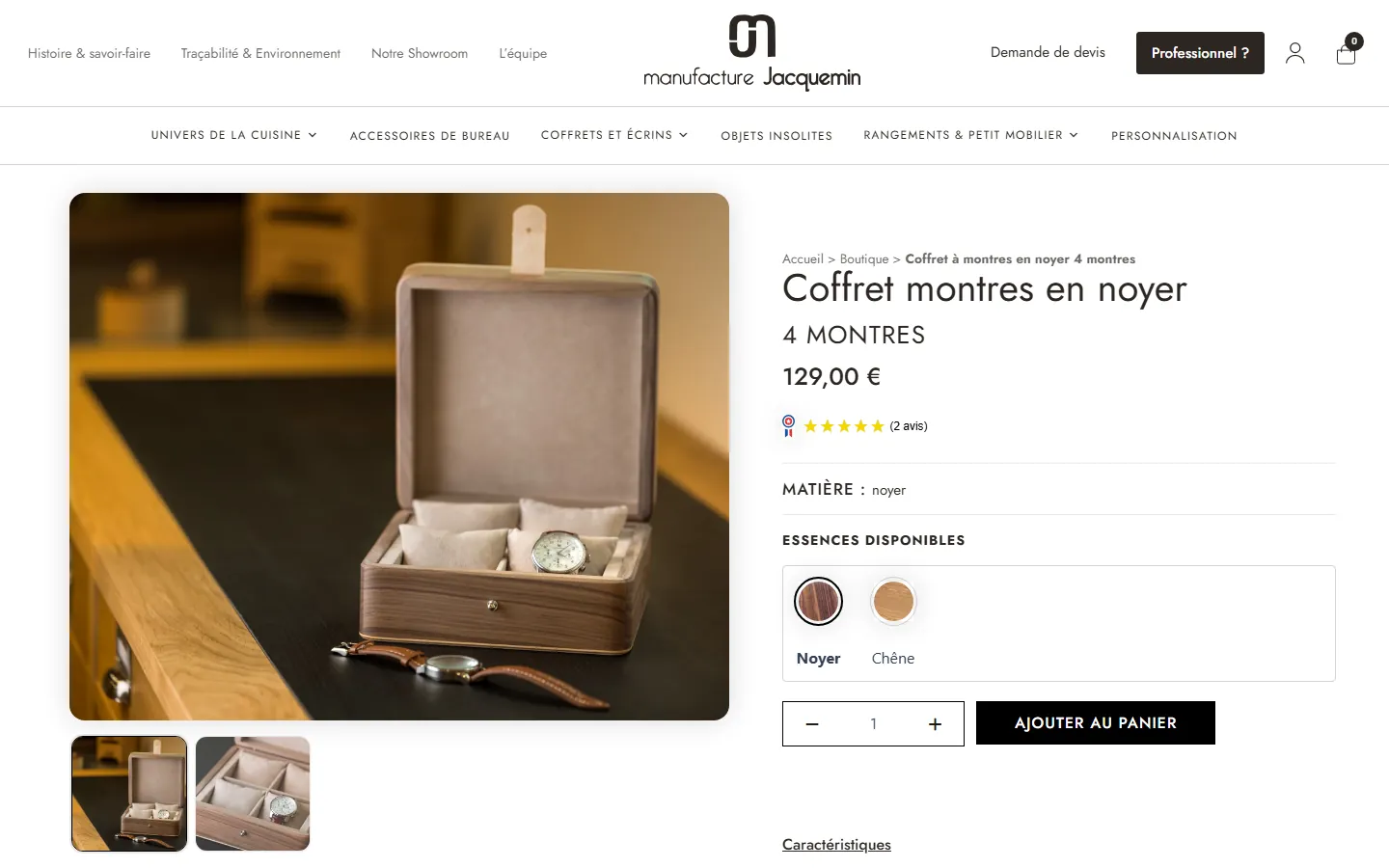 Fiche produit avec le choix de l’essence de bois